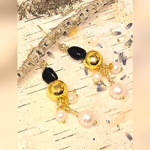 Natural Black Onyx & Dangling Pearls In Classic Expensive Looking Earrings